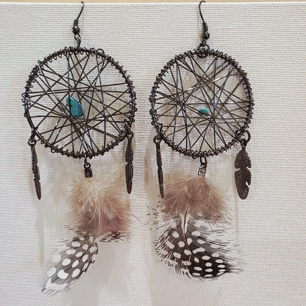 Dreamcatcher Metal Woven Feather Accent Large Long SW Dangle Pierced Earrings